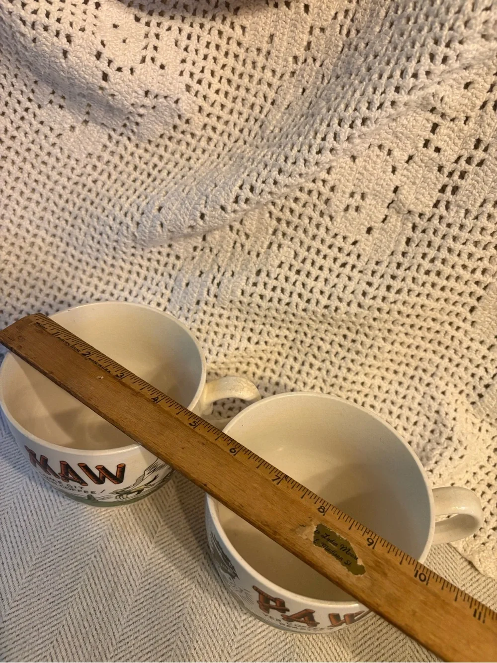 Vintage Maw and Paw Coffee Mugs with Green and Orange Rustic Print - Set of 2